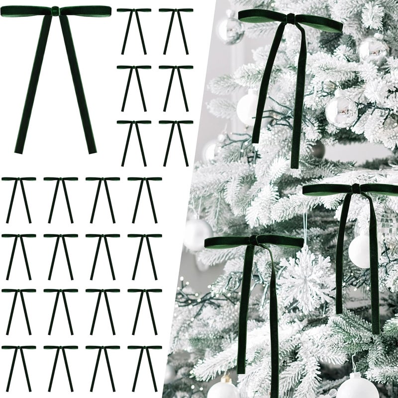 Lavwix 40Pcs Velvet Ribbon Bows, 5x7 Inch Pre-Tied Bows Christmas Ornaments for Xmas Tree, Garland, Wreath, Gift and Holiday Home Décor (5 x 7 Inch, Width of 3/8", Dark Green) - Image 1